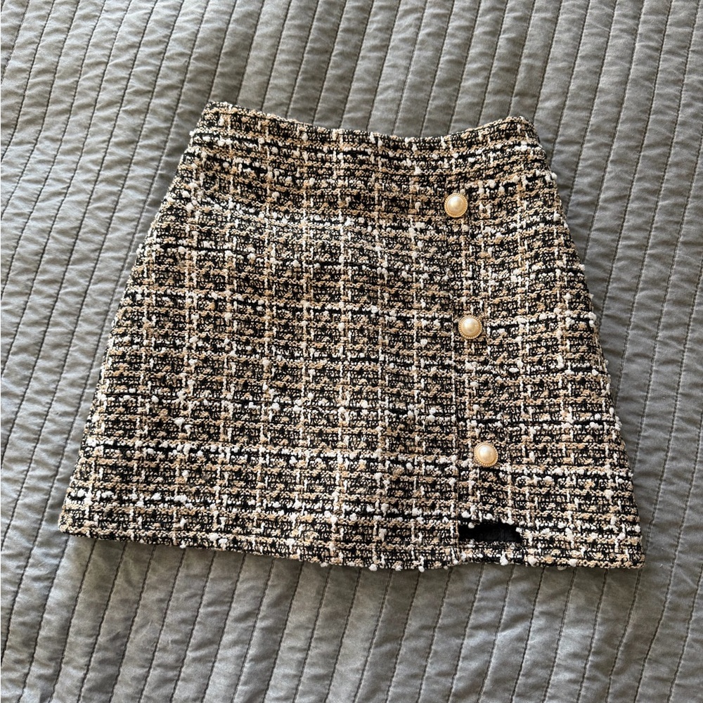 Tweed Button Skirt - Black and Cream